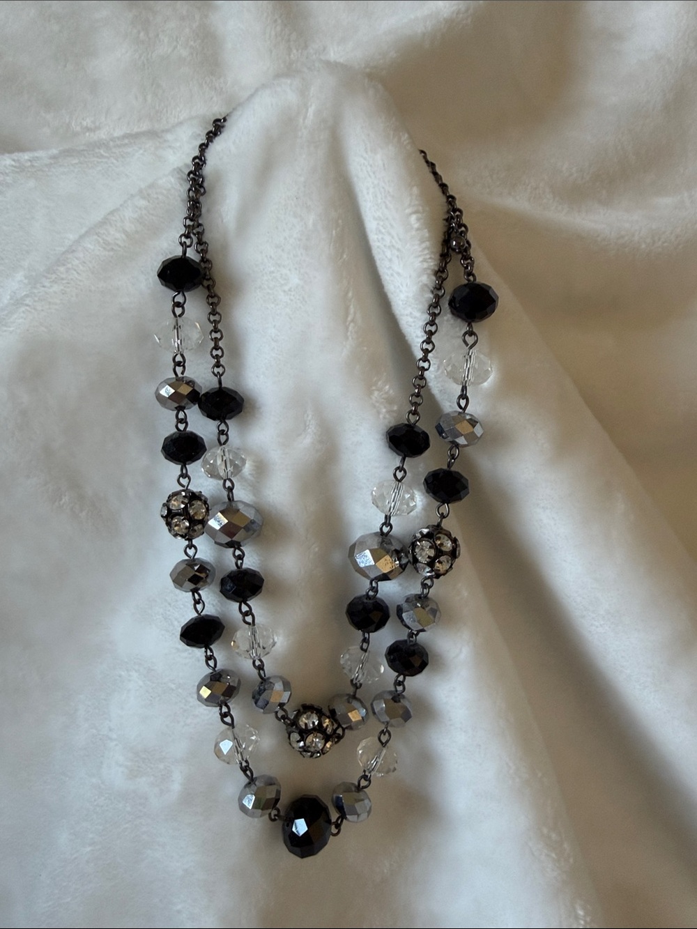 Multi-Strand Black and Silver Beaded Statement Necklace